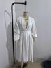 Women's Long Sleeve V-Neck Solid Color Pleated Waist Belt Dress