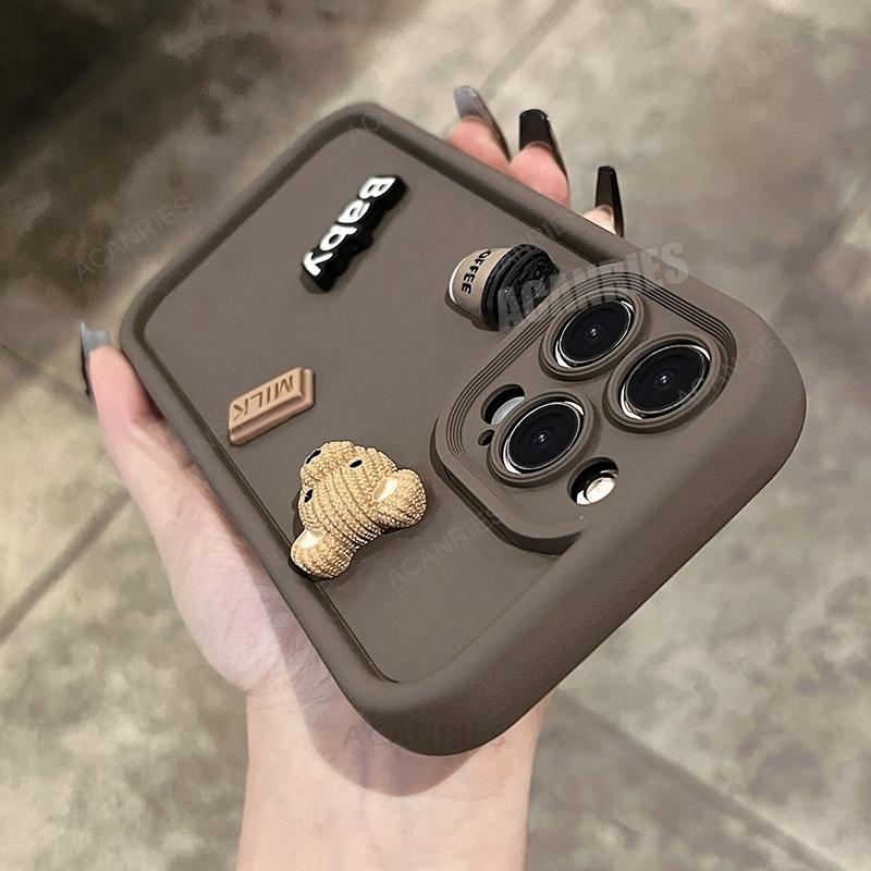 

Милый 3D медведь кофе мультфильм силиконовый чехол для iPhone 16 plus 15 12 11 13 14 Pro Max X Xs Xr 15pro 14pro 16plus мягкий матовый чехол For iPhone 16 серый