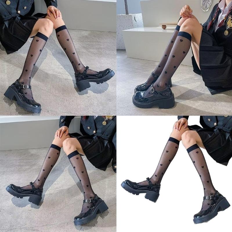 Sweet Heart Calf Socks Thin Sheer Silk StockingsLightweight Breathable Knee Highs Socks Student Girls Middle Tube Socks