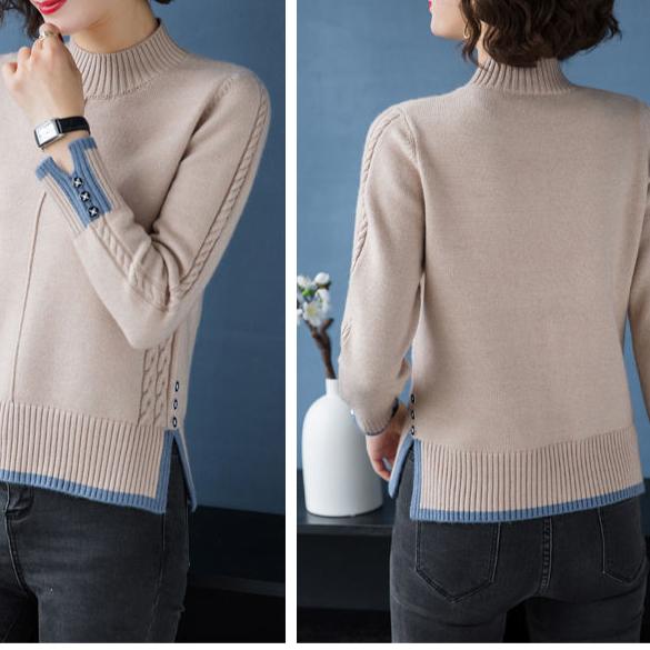 Fall/Winter Women's Semi-Turtleneck Sweater Thickened Loose Pullover Knitwear Split Stretch Knit Jumper
