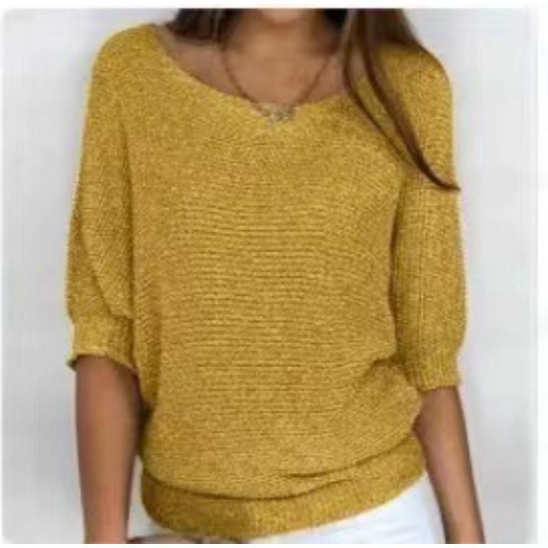 Solid Colour Round Neck Knit Top Women's Plus Size Commuter Elegant Seven-minute Sleeve Top Air-conditioning Shirt