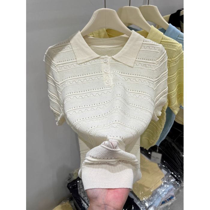 

Рубашка-поло с лацканом и вырезом, трикотажный свитер с коротким рукавом, новый и нишевый топ с рукавом до локтя для женщин летом one size абрикосовый