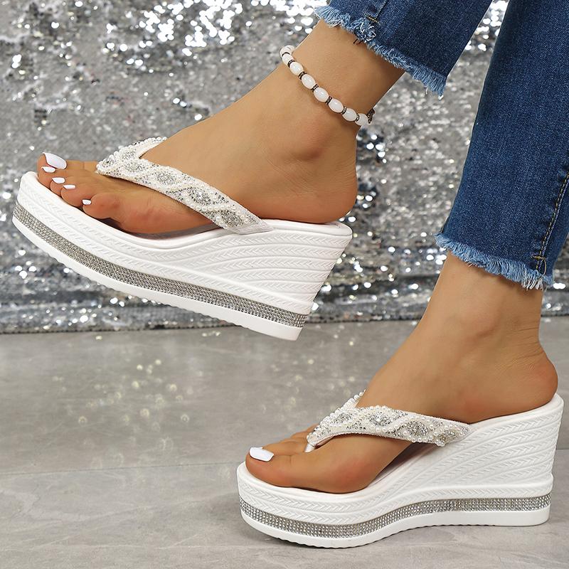 Fashion String Bead Wedges Slippers Women 2025 Summer Chunky Platform Beach Flip Flops Woman Clip Toe High Heeled Sandals 35-43