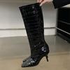 2025 new crocodile pattern long knight boots women's wide tube high boots square head thin heel high heel but knee long boots