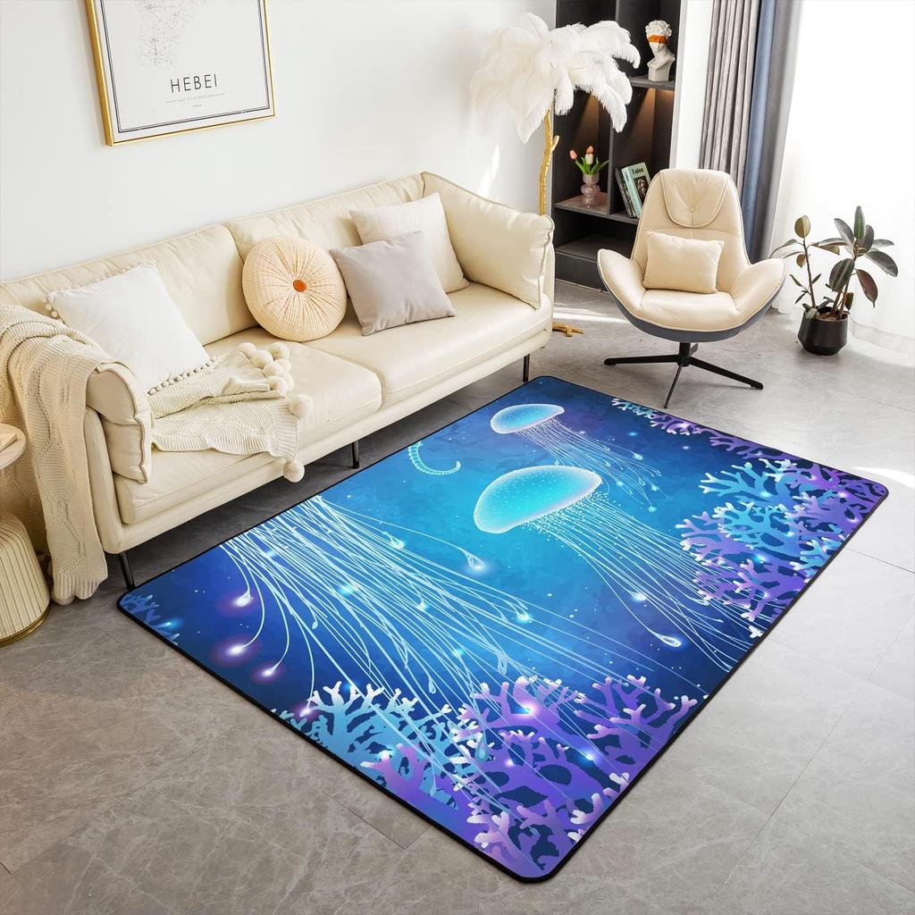 Jellyfish Marine Life Area Rug Dreamy Ocean Animal Non Slip Carpet for Kids Adults Fantasy Moon Clouds Starry Sky Decorative Rug