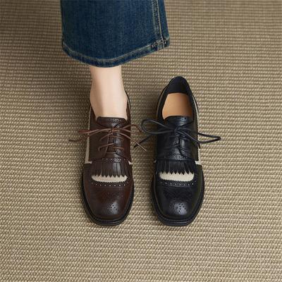 Fashion New Spring/autumn Cow Leather Women Shoes Round Toe Loafers Shoes for Women Fashion Mixed Color Women Pumps Lace-up Chunky Heels