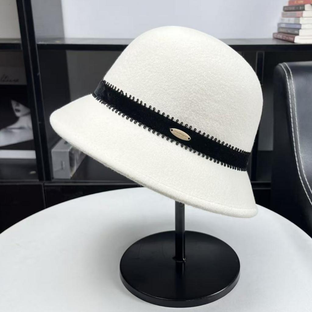 Fu Huan celebrity French elegant wool top hat women's autumn and winter British fashion woolen retro bucket hat dome basin hat