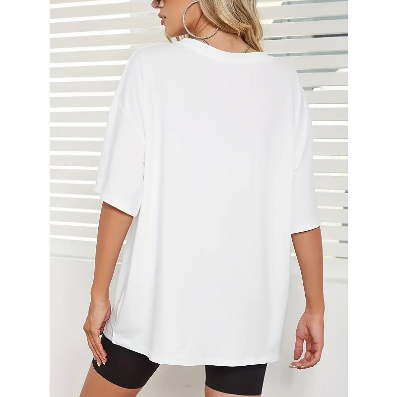 Taglie europee T-shirt casual da donna con stampa, manica scesa, vestibilità larga