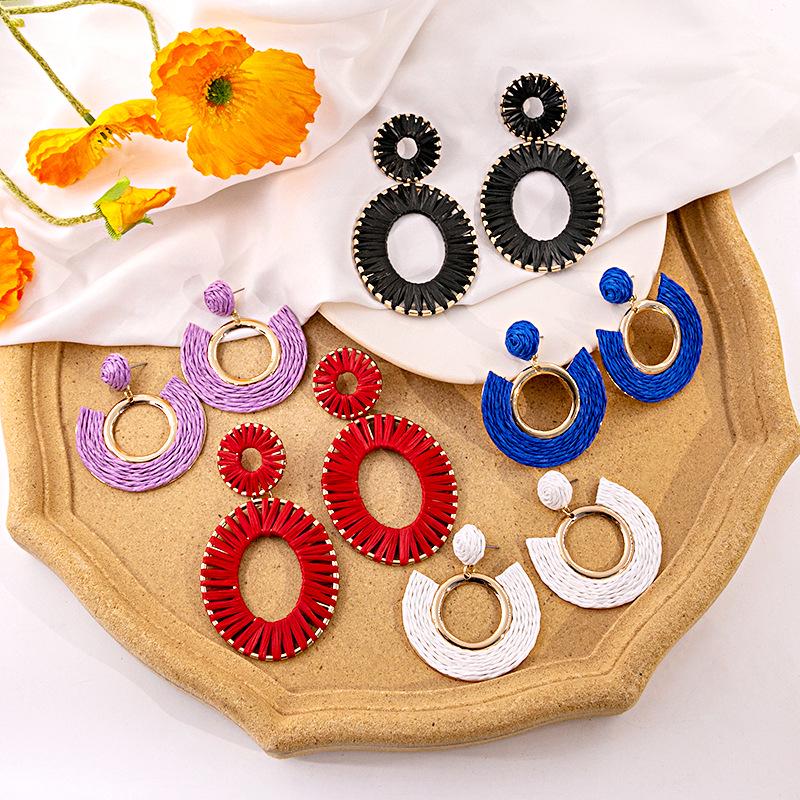 Exaggerated Oval Leather Dangle Earrings: Colorful, Hollow, Holiday Style