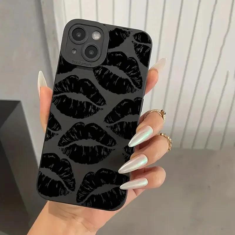 Custodia per Telefono Nera Stile Gotico con Labbra per iPhone 15 14 13 12 11 Pro Max XS X XR 7 8 Plus SE 2020 Mini Cover Morbida in Silicone Antiurto