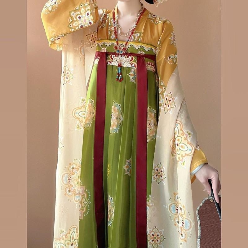 Traditional Chinese Tang Dynasty Style Hanfu Set Womens Wear Embroidered Printed Wrap Skirt Top With Scarf