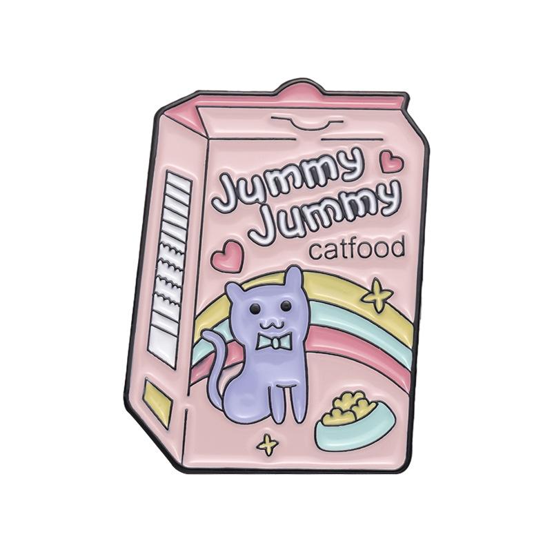 Trendy Box Milk Drink Style Brooch With Adorable Cat Graphic And Alphabetic Motifs