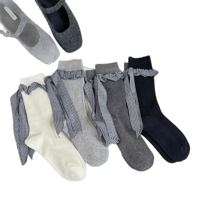 Double-needle Ballet-style Grey Lace Socks Women's Spring and Autumn Mid-length Heel Bow Pile Socks