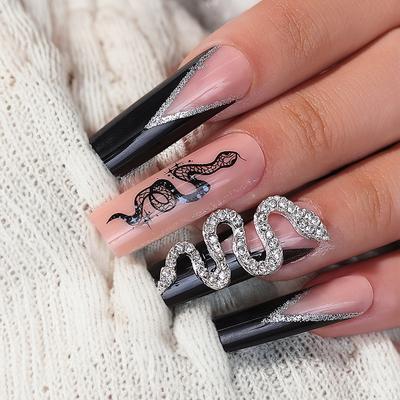 24 szt./zestaw Extra Long Pipe French Wear Nail Rhinestone Snake Fake Nails Finished Rectangle Glitter Black