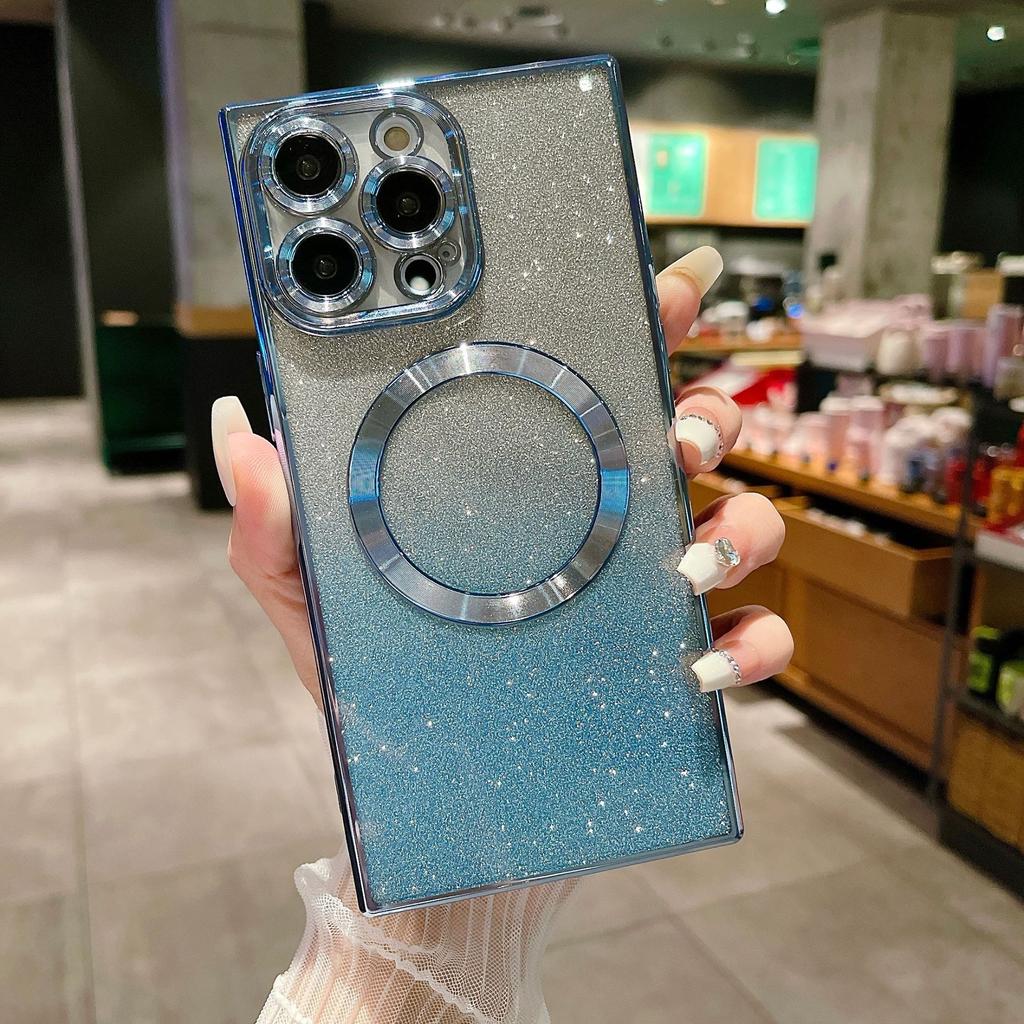 Applicable to square electroplated magnetic case gradual change glitter mobile phone case Apple 16PRO two-color glitter case 16PROMAX