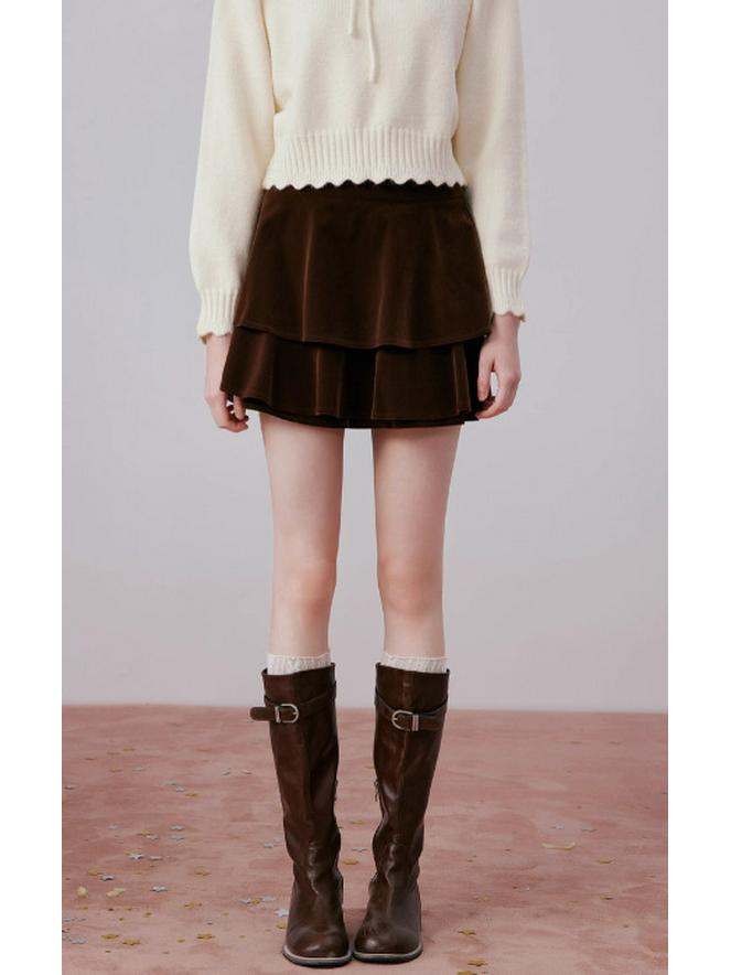 Retro Velvet Pleated Cake Skirt - Women's Short Skirt, Spring 2026 Petite Christmas Collection, Style R96C011A