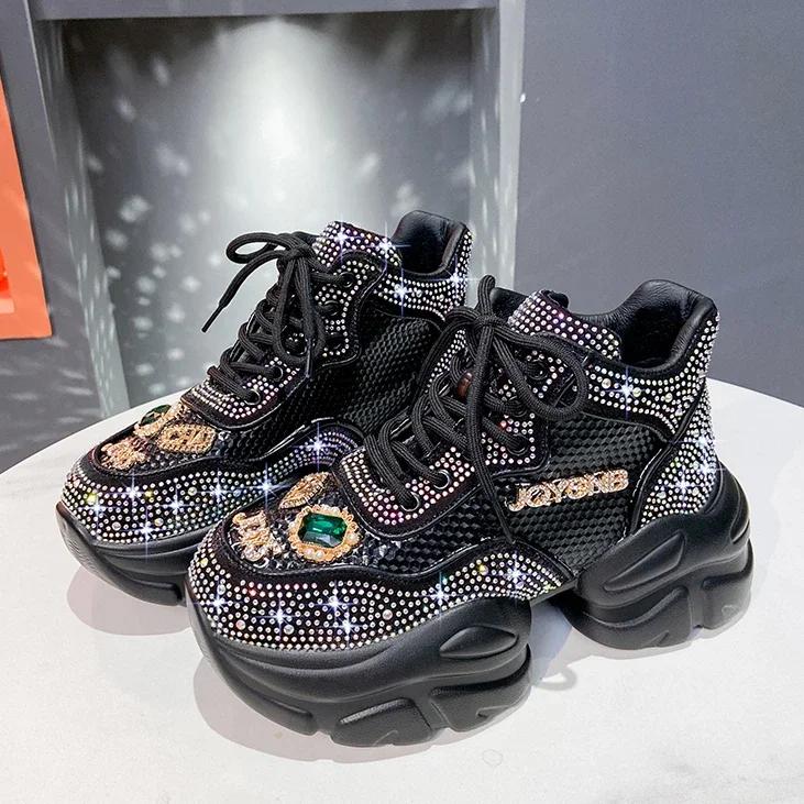 Fashion New Casua Platform Sneakers Blue Woman Sneakers Shoes Femme Tenis Luxury Tennis Crystal Decorate Women Cross Lace-up Shoes