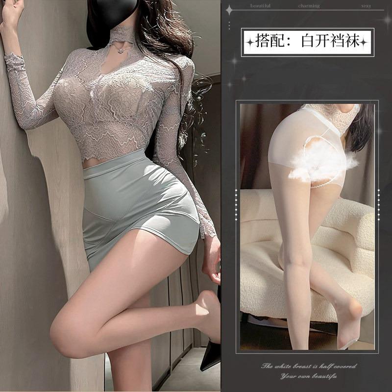 Sexy Pure Spice Slim Long Sleeve Lace Top Hip Wrap Skirt Secretary Cosplay Tease
