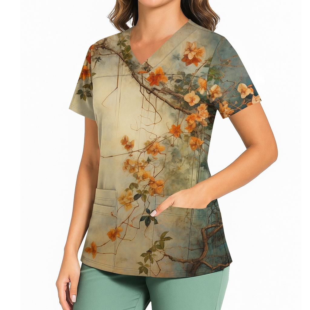 Women's Floral Print V Neck Medical Scrub Top with Side Slits Short Sleeve Professional Nurse Uniform Shirt for Healthcare Workers