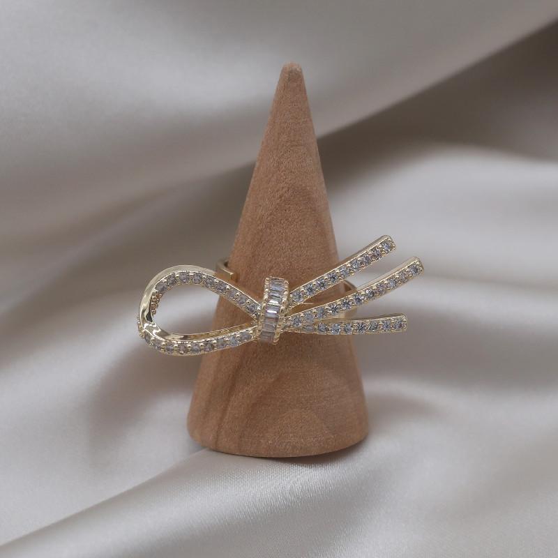 Real Gold Plating Korea New Design Fashion Jewelry Exquisite Luxury Zircon Bow Ring Simple Women's Party Opening Adjustable Ring