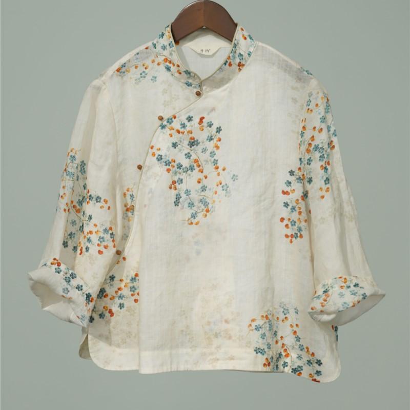 Johnature Women Vintage Print Floral Shirts Tops Stand Puff Sleeve Blouses Summer Chinese Style Female Shirts