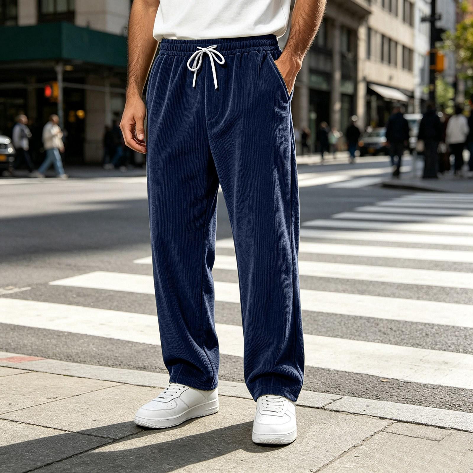 Pantaloni bărbătești din catifea cu croială dreaptă, largi, stil vintage casual, pentru toamnă, high street XXL bleumarin