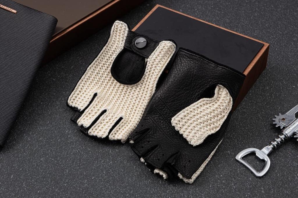 NappaNovum Deerskin Crochet String Back Driving Gloves, Black, Medium