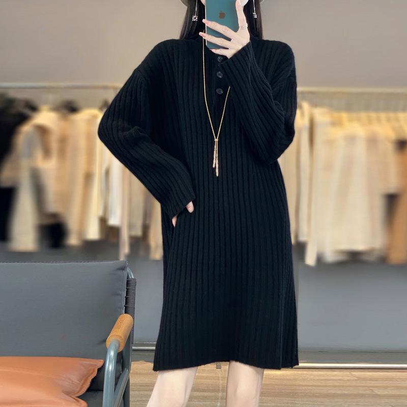 Petite Women's Wool Knit Dress with Half-High Neck - Mid-Length for Autumn/Winter