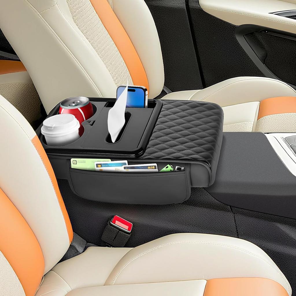 5-in-1 Arm Rest Cover Universal Armrest Storage Box for Car Upgrade Memory Foam Console Cover with Cup Phone Tissue Box Holder(Black)