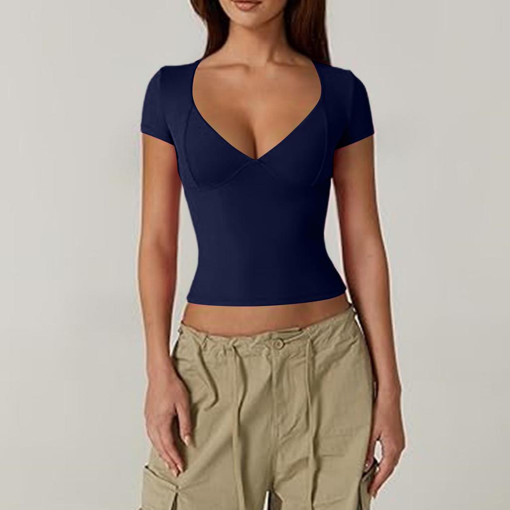 Women's Top Slim Fitting T-Shirt V-Neck Top With Bottom Short Sleeved Sexy Solor Top T-shirt