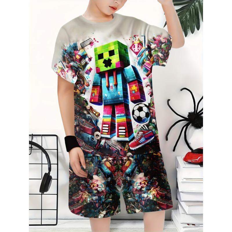 6pcs Boys Suit Fashion 3D Printed Casual Pullover Short Sleeve Shorts T Sweatshirt, Boys Outdoor T-Shirt Shorts Set, for Outdoor