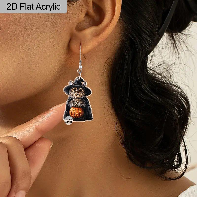 2D Flat Funny Magic Ghost Acrylic Earrings Halloween Party Witch Hat Black Cat Pumpkin Dangling Earrings Women's Holiday Charm Jewelry