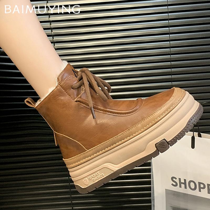 Platform Women Snow Ankle Boots Short Plush Mid Heels Cotton Shoes Winter 2025 New Trend Designer Lace Up Warm Botas De Mujer