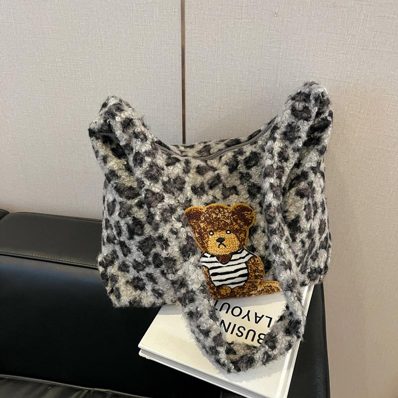 Autumn and Winter New Plush Leopard Print Tote Bag Furry Large-capacity Shoulder Bag for Women Cute Lazy Style Crossbody Bag