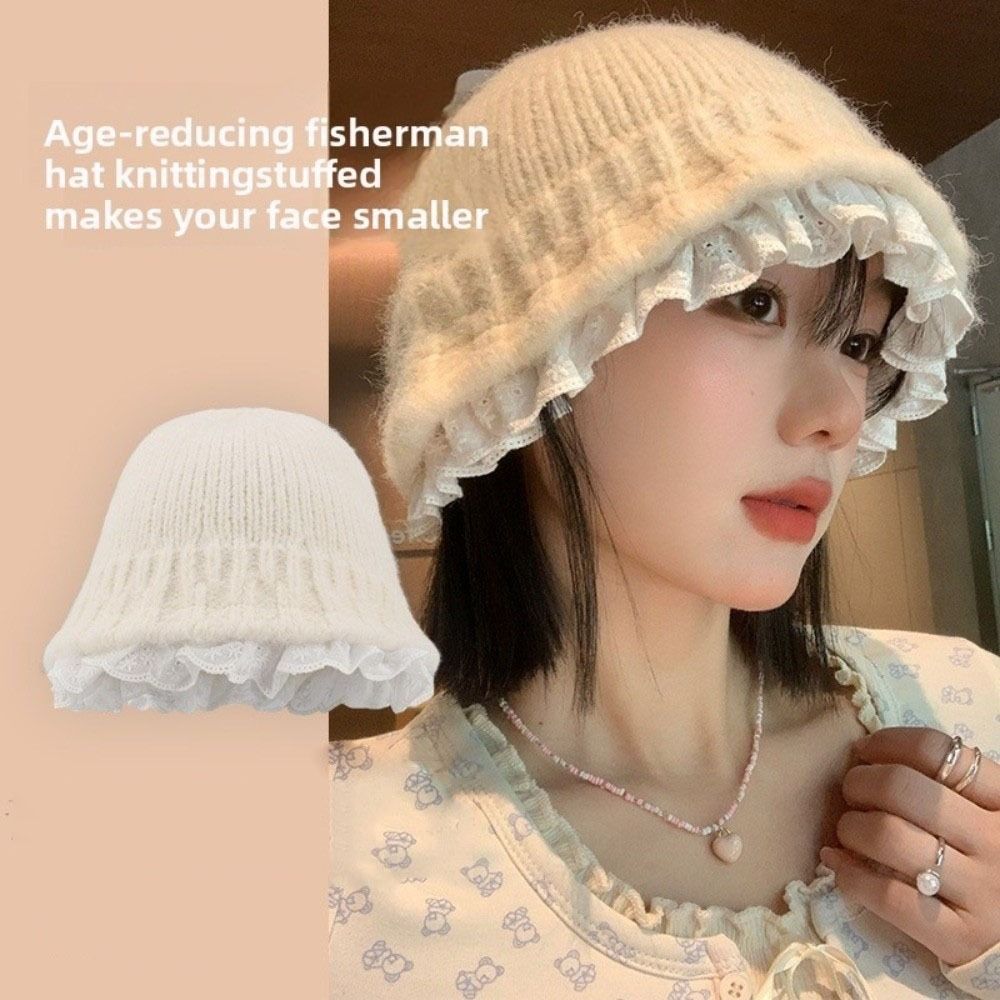 Lace Trim Knitted Fisherman Hat Yarn Beanie Hat Retro Women Bucket Hat  Girl