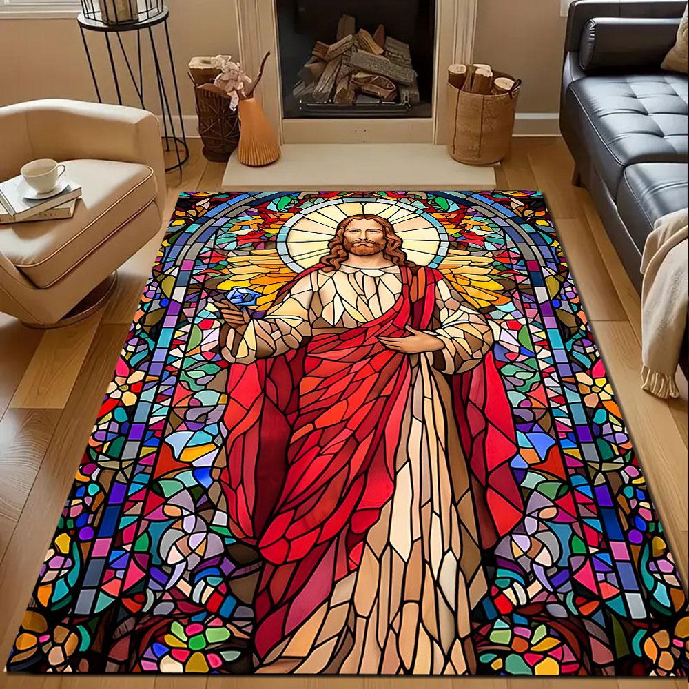 Stained Glass Jesus Art Rug Patterned Carpet, Non Slip Mat Suitable for Living Room and Bedroom Sofas