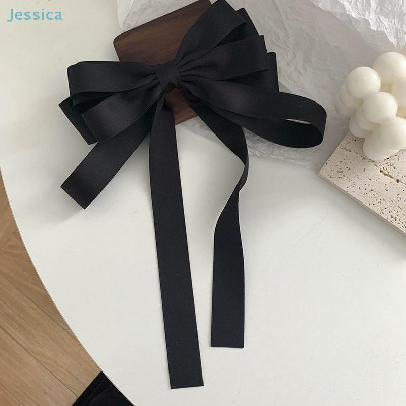 Big Bowknot Solid Satin Long Ribbon Bows Spring Clamp Women's Ponytail Hair Clip