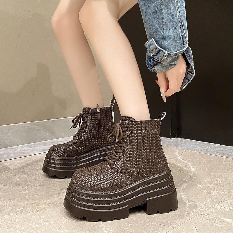 Fashion 9.5CM Women's Chunky Ankle Boots New Autumn Winter Weave Leather Punk Shoes High Platform Casual Leather Short Boots Botas Mujer