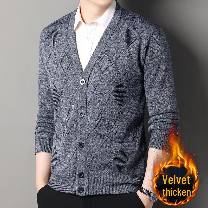 Мужской джемпер-кардиган с жаккардовым узором и V-образным вырезом - вязаный кардиган на плюшевой подкладке для осенизимы XXXL светло-серый 2190₽