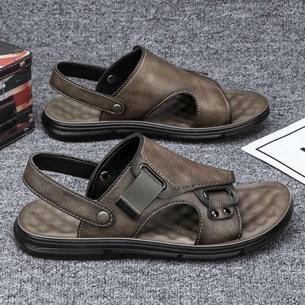Mens Summer Sandals Genuine Leather Slip Resistant Thick Sole Beach Shoes Soft Bottom Casual Shoes
