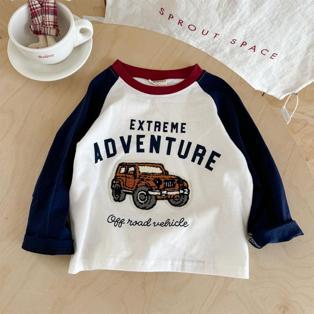 Boys Long Sleeve Cotton T Shirt with Cartoon Embroidery for Spring Autumn Comfortable Top