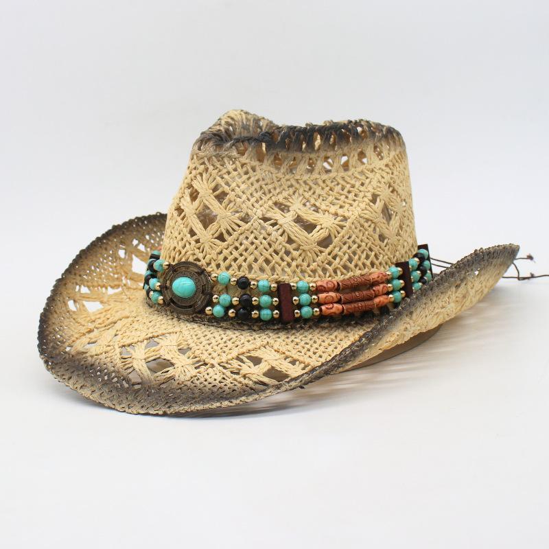Cross-Border Malan Windproof Rope, Denim Straw Hat, European And American Retro Style, Western Denim Hat, Sunscreen, Hollow Jazz Top Hat