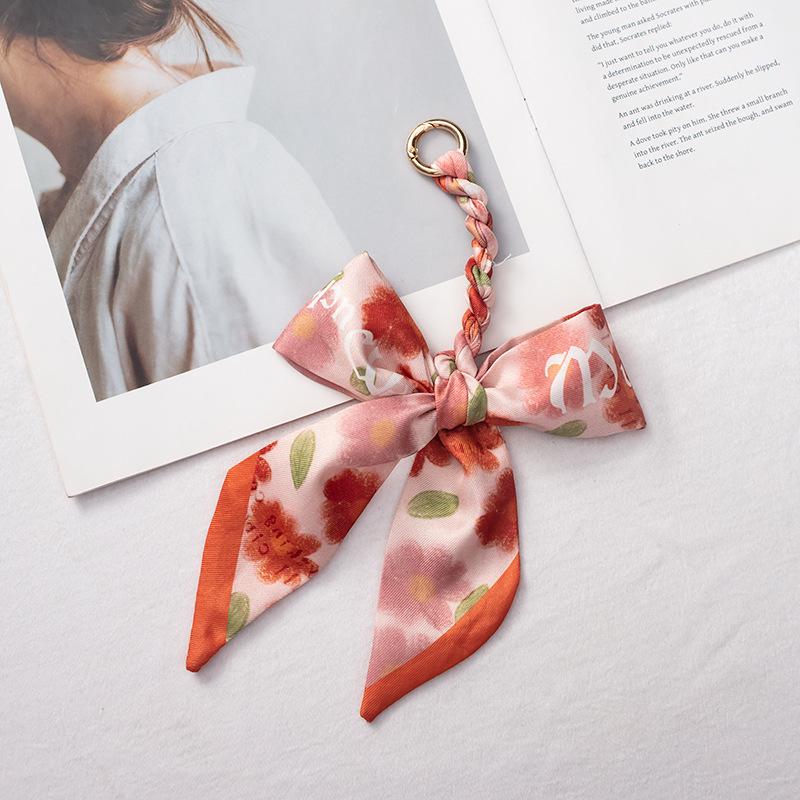 Silk Scarf Keychain with Horseshoe Buckle and Ribbon Bow for Bags and Cars