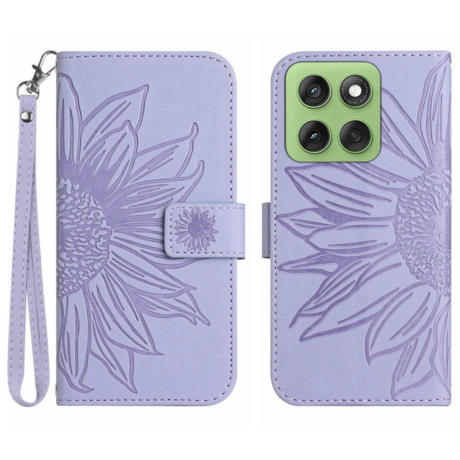 

For Motorola Edge 60 Pro 5G Case Sunflower Imprint Leather Wallet Phone Cover with Wrist Strap Light Purple