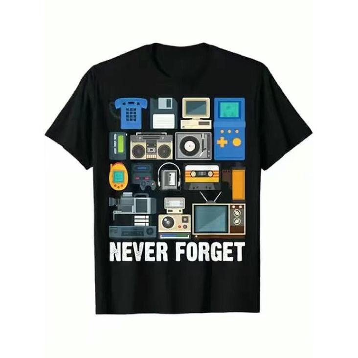 Retro 80S And 90S T-Shirt - Vintage Computer And Game Console Design with Cassette, Floppy Disk, And TV Icons - Short Sleeve And Relaxed Fit for