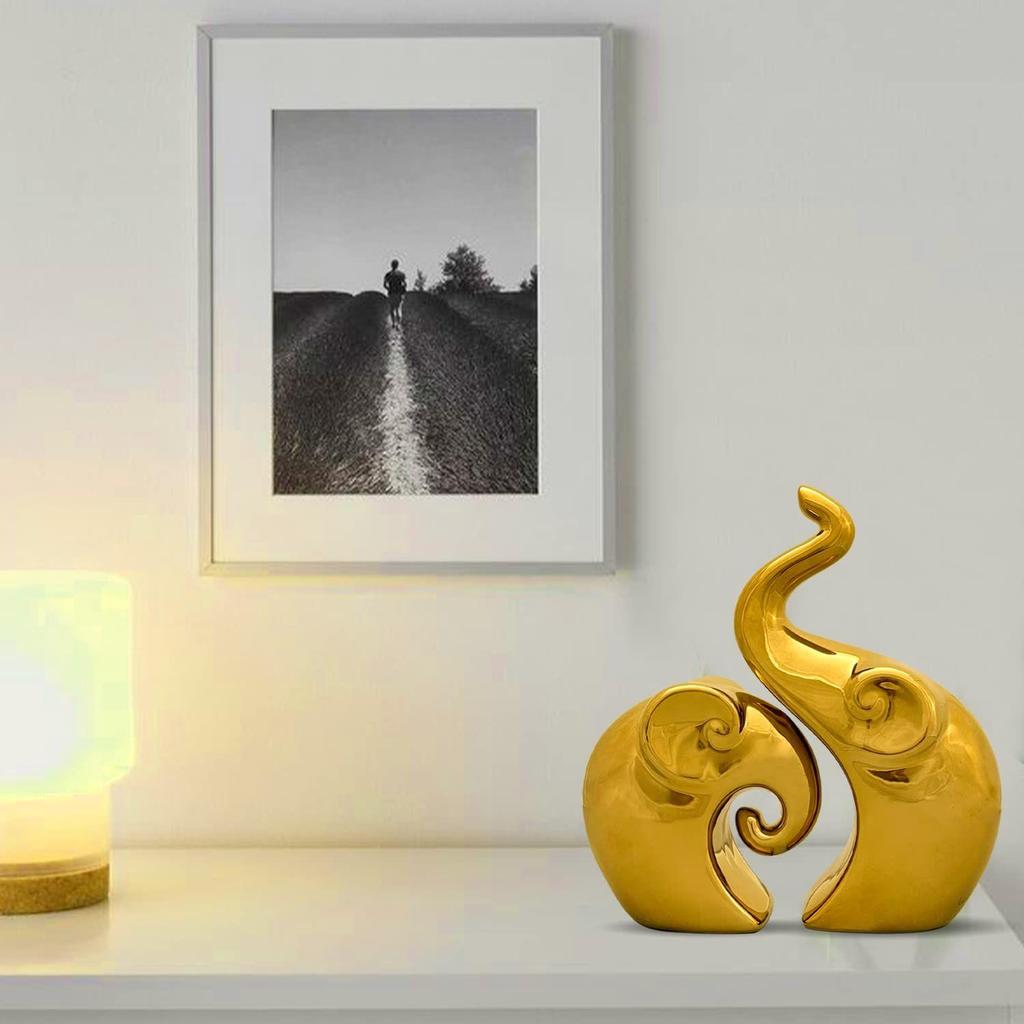 Lavish Home Decor Golden Elephant Couple Figurine | Piano Finish Ceramic Figures - (Set of 2 Piece, Gold), Love