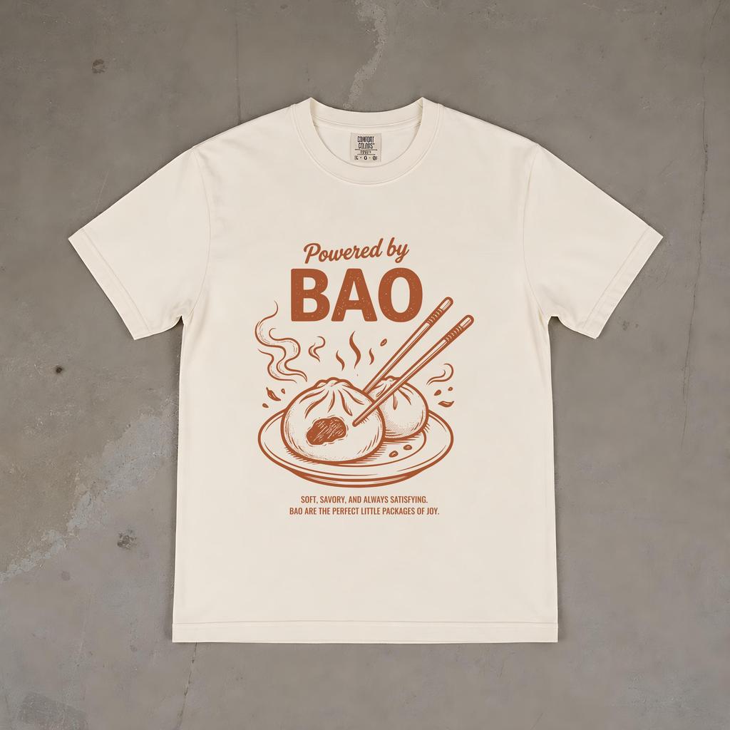 Powered by Bao T-Shirt, Steaming Dumpling Chopsticks Graphic, Oversized Comfort Colors, Asian Foodie Tee, Bao Lover Gift