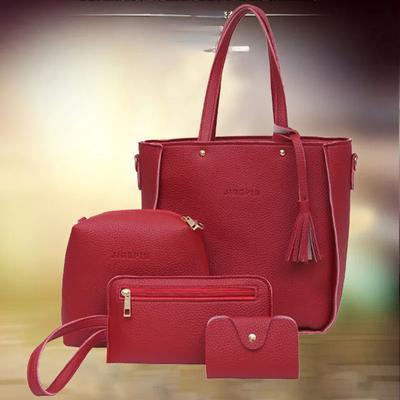 New Large Capacity Lychee Pattern Handbags Women's European and American Retro Fashion Tassel Four-Piece Women's Bag
