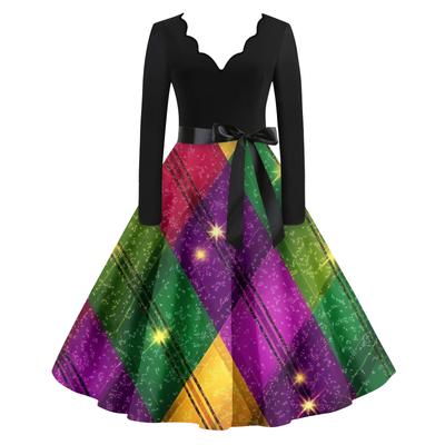 Damska Codzienna Moda Dekolt V Długi Rękaw Drukowana Sukienka Długa w Stylu Vintage