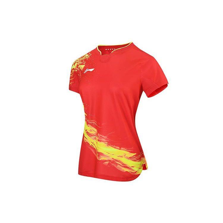 Li Ning Table Tennis Series Dragon Totem Letter Print Sports Quick-Dry Short Sleeve T-Shirt Women Tops Crimson AAYR358-1